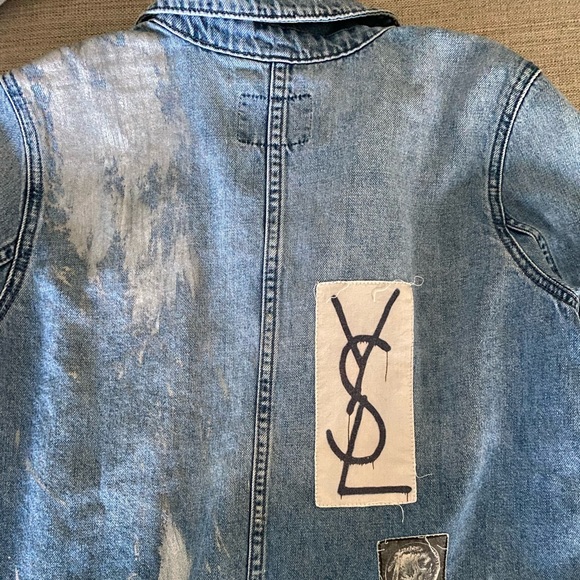 Custom Vintage Denim Jean Jacket with Patches/ YSL patch
